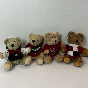 Lot of 4 HugFun Holiday Christmas Jointed 8 inch Teddy Bears in Sweaters VTG